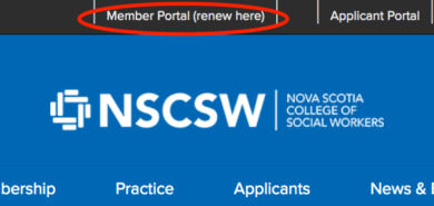 Screenshot of member portal link on NSCSW homepage